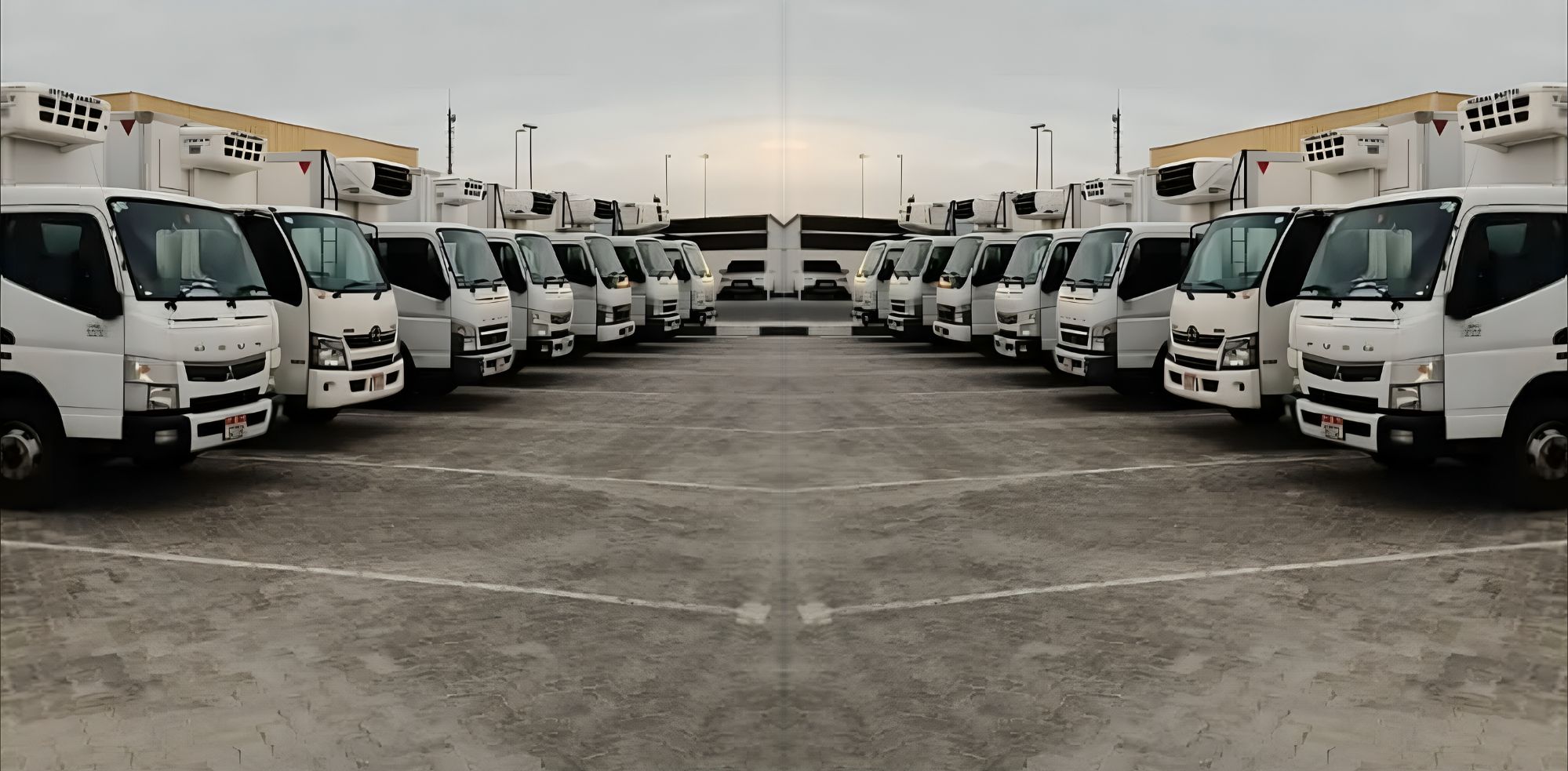 Fleet of refrigerated trucks lined up for temperature-controlled transport operations